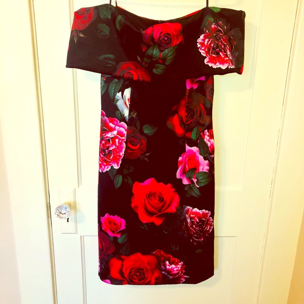 Black Floral Print Bardot Knee Length Dress